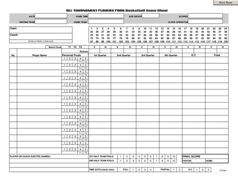 Printable Score Sheet Basketball
